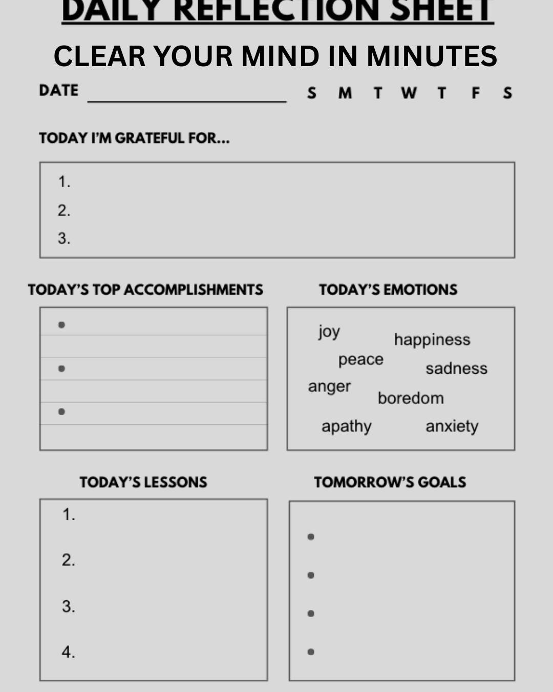 ADHD Daily Reflection Printable | Mental Clarity Focus Sheet (PDF) - Etsy