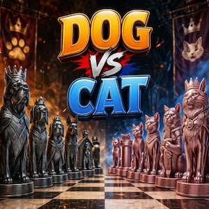 May include: A digital illustration of a chess set with dog and cat-themed pieces. The pieces are arranged on a checkered board, with the words "DOG VS CAT" in large, bold letters above. Banners with paw prints and cat faces hang in the background.