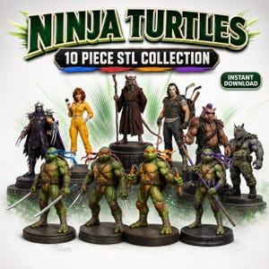 Puede incluir: Una colección de 10 figuras STL de personajes de Ninja Turtles que incluye a Shredder, April O'Neil, Splinter, Casey Jones, Bebop, Rocksteady y las cuatro tortugas con sus armas, presentadas sobre bases circulares con texto.