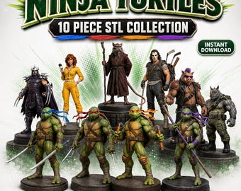 May include: A 10-piece STL collection of Ninja Turtles character figurines including Shredder, April O'Neil, Splinter, Casey Jones, Bebop, Rocksteady, and the four turtles with their signature weapons, all displayed on circular bases with text.