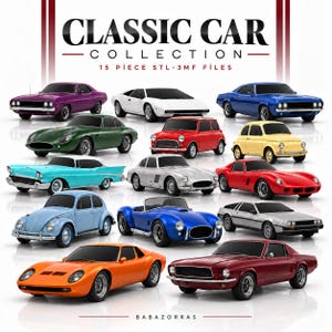 May include: A digital collection of 15 classic car models in various colours including purple, white, blue, green, red, yellow, turquoise, silver, orange, and maroon. The text reads CLASSIC CAR COLLECTION 15 PIECE STL-3MF FILES and BABAZORRAS.