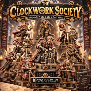 Może przedstawiać: Kolekcja dziesięciu figurek automatów steampunkowych ze skomplikowanymi detalami z mosiądzu i miedzi. Centralny baner głosi THE CLOCKWORK SOCIETY Steampunk Automaton Collection, z tekstem zawierającym 10 UNIQUE CHARACTERS oraz DREAM DESIGN BUILD REPEAT.