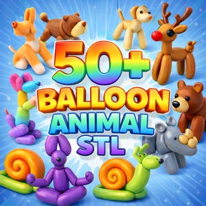 May include: A vibrant image showcasing balloon animals, including dogs, bears, a reindeer, and snails. The text "50+ BALLOON ANIMAL STL" is prominently displayed in colorful, 3D lettering, suggesting a collection of animal-shaped balloon designs.
