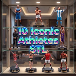 Puede incluir: Una vitrina que contiene ocho figuras de atletas, incluyendo a Shaq, Ali, Messi, Lewis, Kobe, Jordan, Conor, Ronaldo y Tyson, con el texto 10 Iconic Athletes STL superpuesto en una fuente degradada en el centro de los estantes.