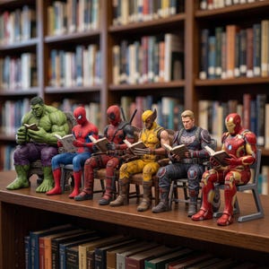 Peut inclure: Une collection de six figurines de super-héros assises en rang sur des chaises, chacune tenant et lisant un livre ouvert. Les personnages incluent Hulk, Spider-Man, Deadpool, Wolverine, Captain America et Iron Man, tous en position assise.