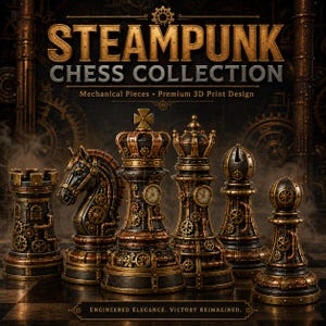 Op de afbeelding: Een set schaakstukken in donkere metaal- en bronskleuren met gedetailleerde tandwielen, buizen en klokplaten. De tekst luidt STEAMPUNK CHESS COLLECTION, Mechanical Pieces, Premium 3D Print Design en ENGINEERED ELEGANCE. VICTORY REIMAGINED.