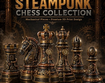 Steampunk Chess Set STL Files, Mechanical Gear Pieces, 3D Printable Fantasy Game (Digital Download)