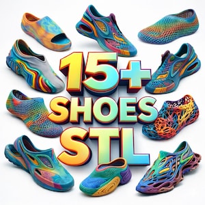 Puede incluir: Una colección de zapatos coloridos en varios estilos, incluyendo sandalias y zapatillas deportivas, con un diseño 3D. La imagen presenta el texto "15+ SHOES STL" en una fuente vibrante y multicolor, sugiriendo un producto digital.