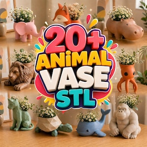 May include: A collection of animal-shaped vases, each holding small white flowers. The vases are in the shapes of an elephant, fox, hippo, lion, octopus, cat, turtle, whale, and gorilla. The text "20+ ANIMAL VASE STL" is in the center.