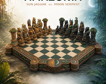 Amazonia Fantasy Chess Set STL & 3MF, Sun Jaguar vs Moon Serpent, 3D Printable Chess Miniatures, Digital Download