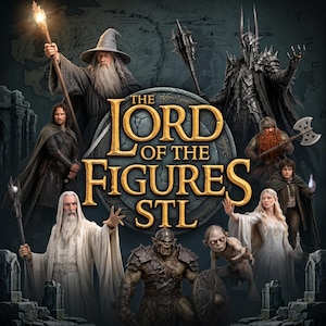 Può includere: Un'illustrazione digitale che presenta vari personaggi fantasy, tra cui un mago con un bastone, un guerriero in armatura scura, un nano con un'ascia e un orco, centrati attorno al testo dorato The Lord of the Figures STL su uno sfondo circolare.