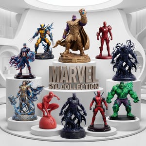 May include: A collection of ten Marvel character figurines displayed on white circular pedestals. The figures include Thanos, Wolverine, Captain America, Iron Man, Venom, Thor, Spider-Man, Black Panther, Deadpool, and Hulk. Text reads MARVEL STL COLLECTION.