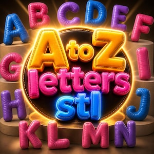 May include: A vibrant image showcasing the alphabet from A to Z, each letter rendered in a puffy, stitched leather style. The letters are in various colors, including blue, pink, purple, and yellow, with the text "A to Z letters stl" in the center.