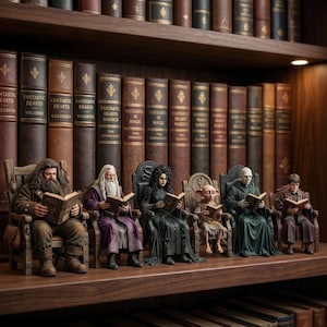 May include: A shelf displays figurines of characters from a fantasy series, each seated and reading books. The figurines are in front of a shelf of antique-looking books with gold lettering. The shelf is made of dark wood.