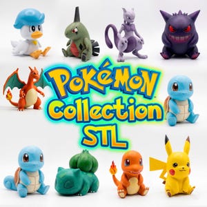 May include: A collection of ten colorful Pokémon character figurines including Quaxly, Larvitar, Mewtwo, Gengar, Charizard, Squirtle, Bulbasaur, Charmander, and Pikachu, arranged around the central blue and yellow text reading Pokémon Collection STL.