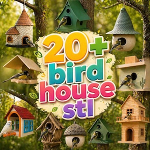 May include: An assortment of birdhouses in different styles and colours, including a hanging birdhouse, a house with a brown roof, and a green birdhouse. The image includes the text "20+ bird house stl".