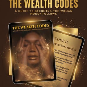 Peut inclure: Couverture d'un livre numérique intitulé "The Wealth Codes: A Guide to Becoming the Woman Money Follows". La couverture présente une femme les yeux fermés, sur un fond marron et or. Une seconde carte numérique affiche du texte sur le principe du magnétisme.
