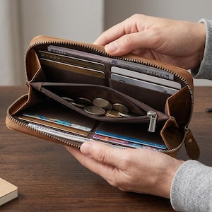 May include: A tan leather zip-around wallet featuring multiple interior card slots, a central zippered coin compartment, and open pockets for notes. The wallet is open, revealing a dark brown fabric lining and various stored cards and coins.