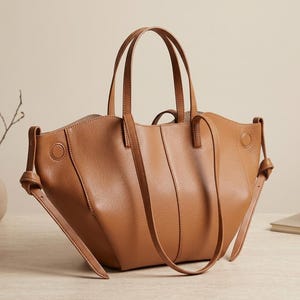 Puede incluir: Un bolso tote de cuero color canela con superficie texturizada, que cuenta con dos asas superiores y correas laterales anudadas en los extremos. El bolso tiene un diseño amplio de apertura superior con costuras verticales y detalles circulares.