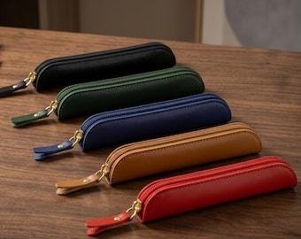 Leather Pencil Case, Genuine Leather Pen Pouch, Slim Zipper Pencil Bag, Leather Pen Holder, Slim Zipper Pouch, Slim Leather Pen Case