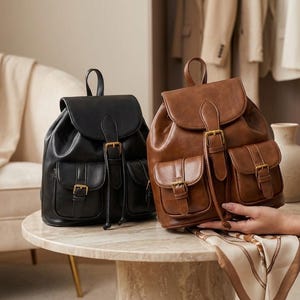 Leather Mini Backpack, Small Leather Backpack With Front Pockets, Everyday Leather Backpack With Flap Closure, Compact Travel Backpack image 6