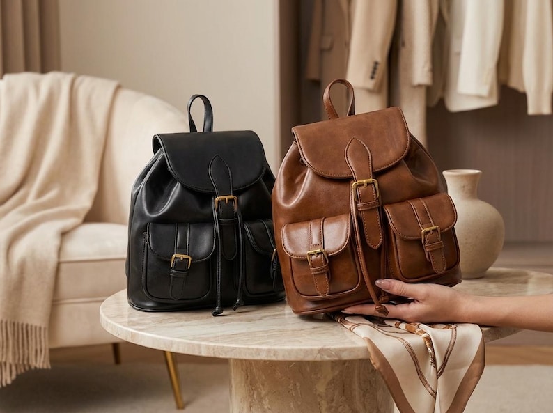 Leather Mini Backpack, Small Leather Backpack With Front Pockets, Everyday Leather Backpack With Flap Closure, Compact Travel Backpack image 6