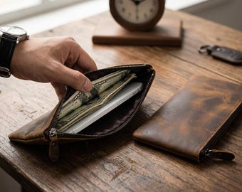 Leather Zipper Money Pouch, Leather Bank Cash Pouch, Slim Large Zipper Wallet, Mens Leather Zipper Pouch, Big Leather Money Bag Zipper