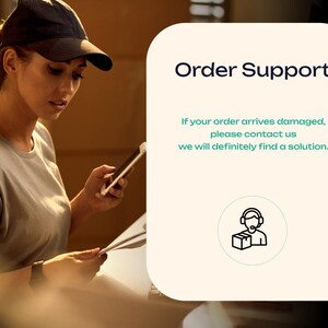 May include: A person wearing a cap and a gray shirt, holding a phone and papers. The image includes the text "Order Support" and a message about damaged orders, with a customer service icon.