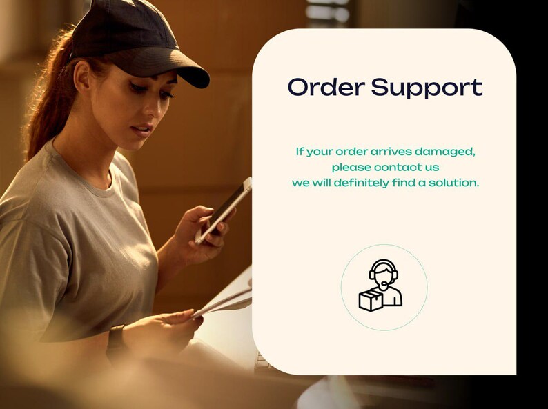 May include: A person wearing a cap and a gray shirt, holding a phone and papers. The image includes the text "Order Support" and a message about damaged orders, with a customer service icon.