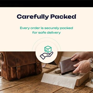 May include: A leather satchel and a brown leather wallet are displayed on a wooden surface. The image includes the text "Carefully Packed" and "Every order is securely packed for safe delivery."