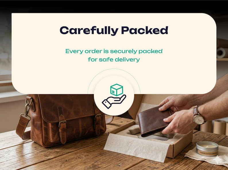 May include: A leather satchel and a brown leather wallet are displayed on a wooden surface. The image includes the text "Carefully Packed" and "Every order is securely packed for safe delivery."