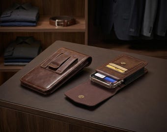 Leather Belt Phone Holster, Waist Phone Pouch, Vertical Phone Wallet Belt Case, Belt Mounted Phone Holder With Card Pocket And Snap Closure