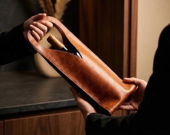 Portabotellas de cuero, Estuche de cuero, Bolso de cuero, Bolso vintage de cuero, Bolso grabado de cuero