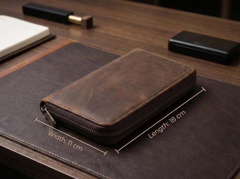 May include: A brown leather zippered case, 18 cm long and 11 cm wide, rests on a dark brown leather desk mat. The case has a distressed finish. Other items on the desk include a black pen, a notebook, and a small black box.