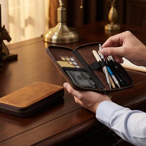 Leather Pen Case With Zip Closure, Pen Holder For Office Desk, Traveling Leather Pen Case, Portable Leather Pen Holder, Pencil Storage Case image 10