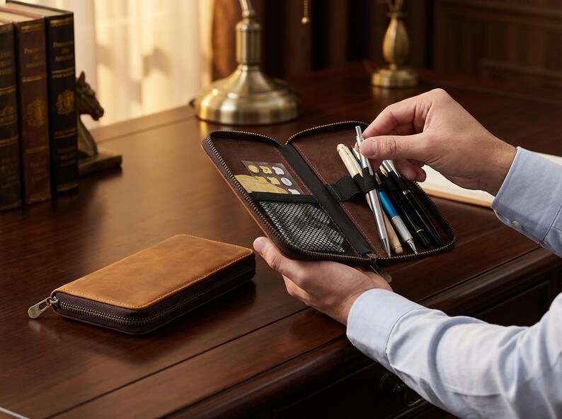 Leather Pen Case With Zip Closure, Pen Holder For Office Desk, Traveling Leather Pen Case, Portable Leather Pen Holder, Pencil Storage Case image 10