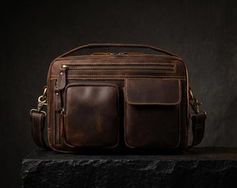 Bolso bandolera de piel, bolso cruzado, bolso de hombro, bolso con bolsillo frontal, bolso organizador con cremallera, bolso de viaje compacto, bolso pequeño para el día a día en la ciudad.