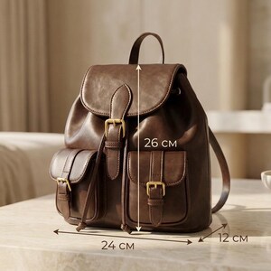 Leather Mini Backpack, Small Leather Backpack With Front Pockets, Everyday Leather Backpack With Flap Closure, Compact Travel Backpack image 4
