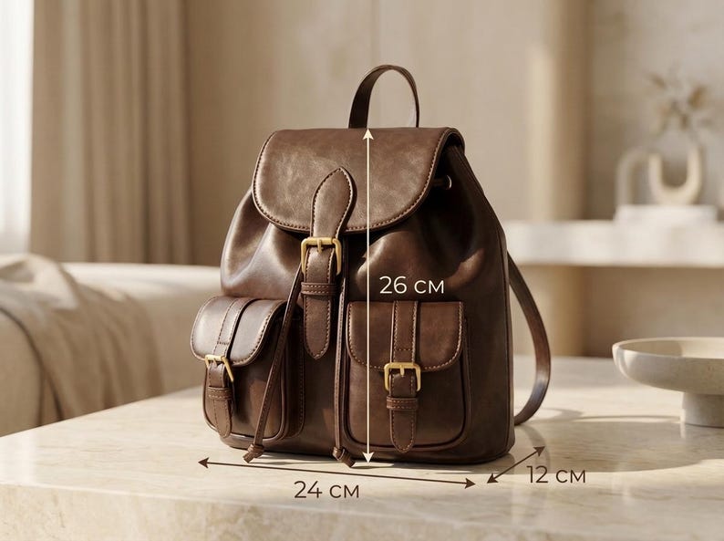 Leather Mini Backpack, Small Leather Backpack With Front Pockets, Everyday Leather Backpack With Flap Closure, Compact Travel Backpack image 4