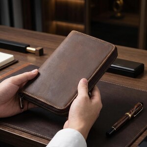 Leather Pen Case With Zip Closure, Pen Holder For Office Desk, Traveling Leather Pen Case, Portable Leather Pen Holder, Pencil Storage Case image 11