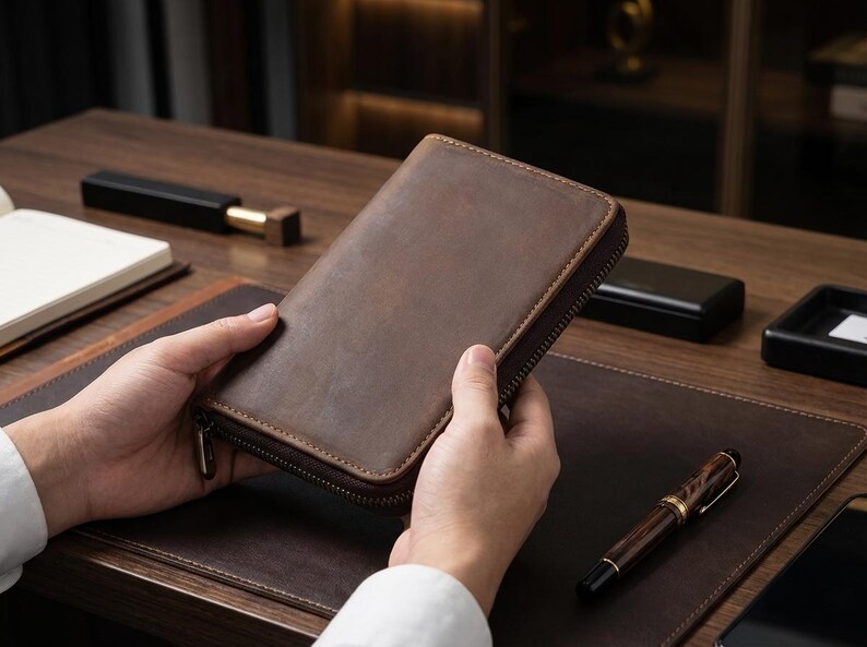 Leather Pen Case With Zip Closure, Pen Holder For Office Desk, Traveling Leather Pen Case, Portable Leather Pen Holder, Pencil Storage Case image 11