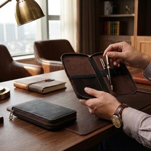 Leather Pen Case With Zip Closure, Pen Holder For Office Desk, Traveling Leather Pen Case, Portable Leather Pen Holder, Pencil Storage Case image 6