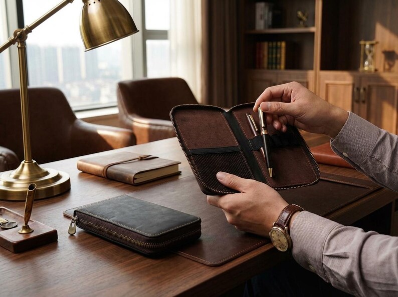 Leather Pen Case With Zip Closure, Pen Holder For Office Desk, Traveling Leather Pen Case, Portable Leather Pen Holder, Pencil Storage Case image 6