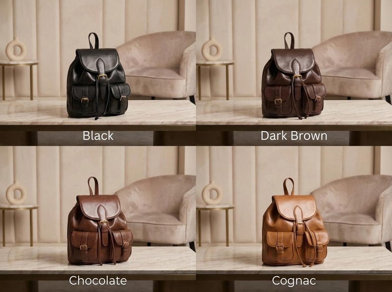 May include: A collection of leather backpacks in four colors: black, dark brown, chocolate, and cognac. Each backpack features a flap closure, two front pockets, and adjustable straps. The text below each backpack indicates its color.