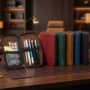 Estuche de piel para bolígrafos con cierre de cremallera, portalápices para escritorio, estuche de piel para viajes, portalápices portátil de piel, estuche para guardar lápices