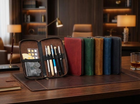 Leather Pen Case With Zip Closure, Pen Holder For Office Desk, Traveling Leather Pen Case, Portable Leather Pen Holder, Pencil Storage Case