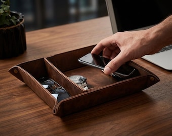Leather Desk Valet Tray, Leather Valet Tray With Keychain, Valet Tray With Snap Buttons, Vintage Style Valet Tray, Entryway Valet Tray