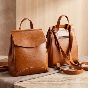 May include: Two brown leather backpacks with adjustable straps and top handles are displayed on a table. The bags have a flap closure and a textured appearance. One backpack is shown from the front, and the other from the back.
