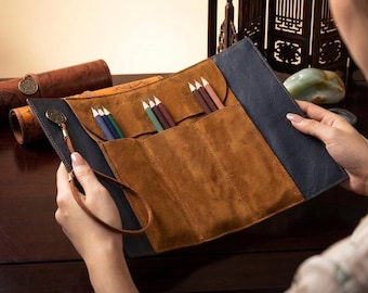 Leather Pencil Roll Holder, Leather Pencil Roll With Tie Closure, Pencil Holder Roll Case Leather, Leather Pencil Roll With Map Design