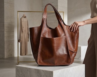 Leather Tote Bag For Women, Shoulder Tote Bag Leather, Casual Tote Bag For Everyday Use, Oversized Leather Tote Bag, Opened Leather Tote Bag